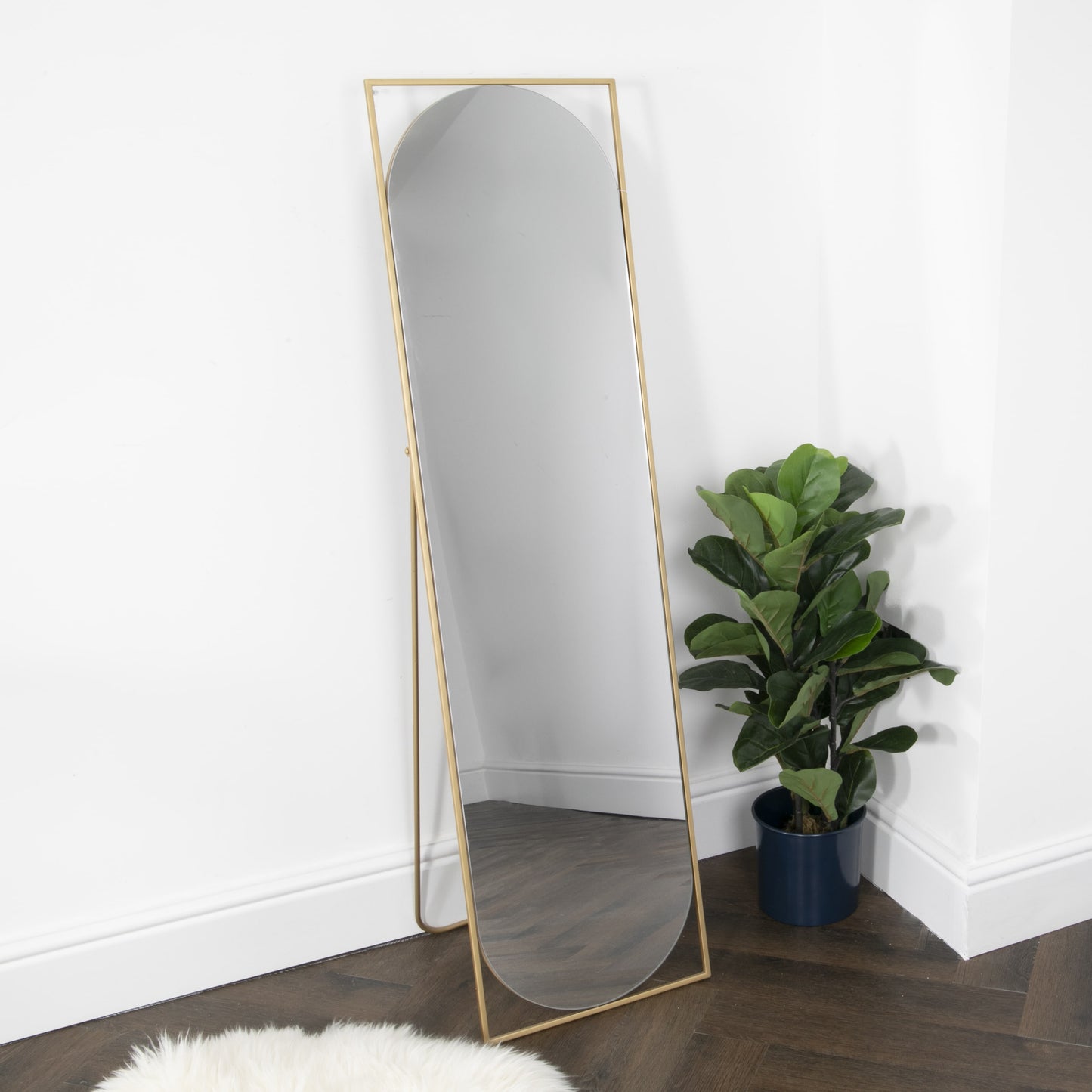 Gold Floor Standing Mirror with Rounded Detail